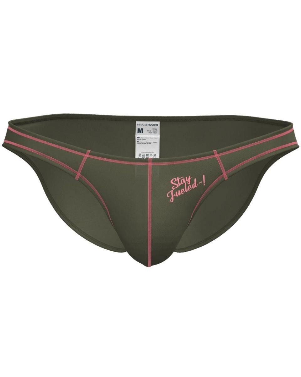 Olive green Private Structure Prime Eutopia bikini brief by CITYBOYZ★USA, featuring a sleek, fitted design with minimal coverage.