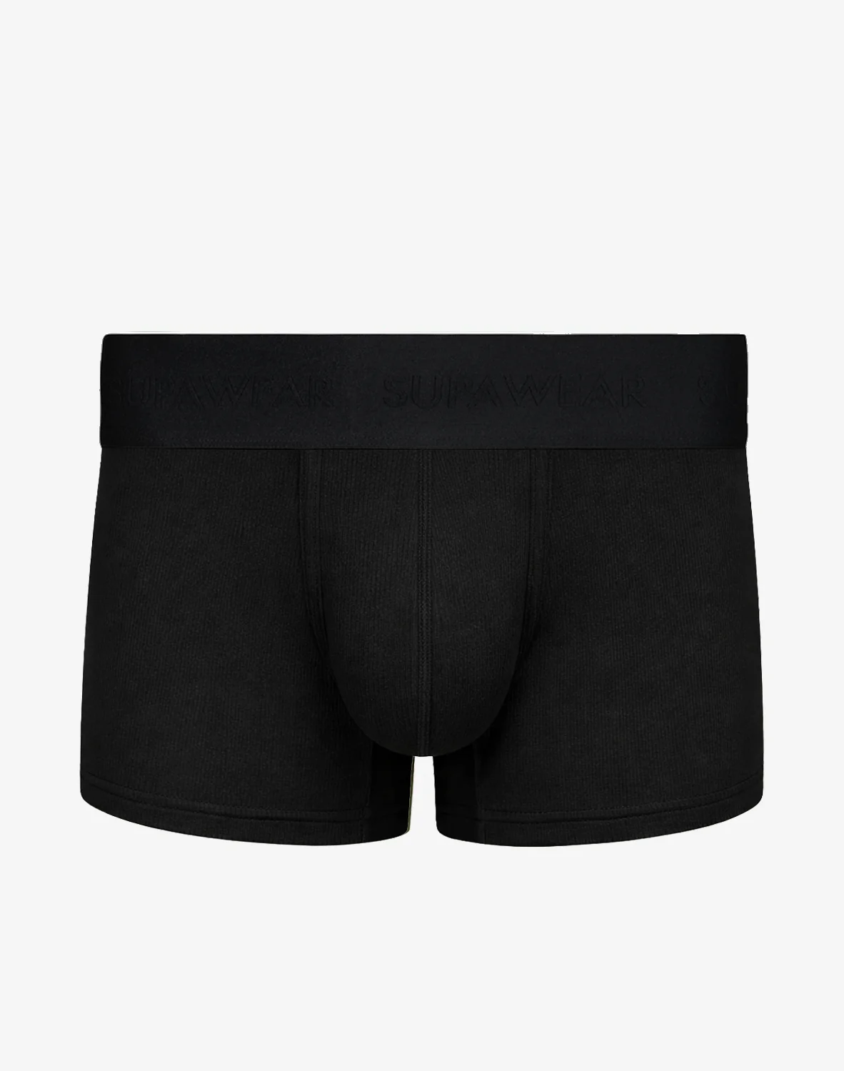 Black ribbed cotton trunks by CITYBOYZ★USA, close-up of the comfortable, fitted men's underwear with ribbed texture.