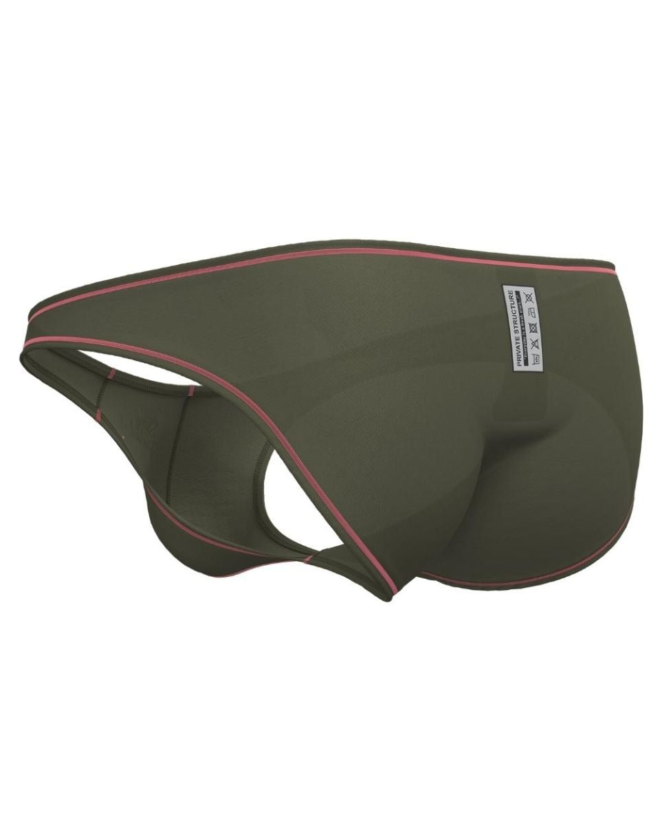 Olive green Private Structure Prime Eutopia bikini brief by CITYBOYZ★USA with a sleek, fitted design on a model.