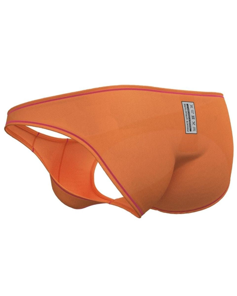 CityBOYZ USA Private Structure Prime Eutopia bikini brief in Tangarine with sleek design and comfortable fit, shown on a model.