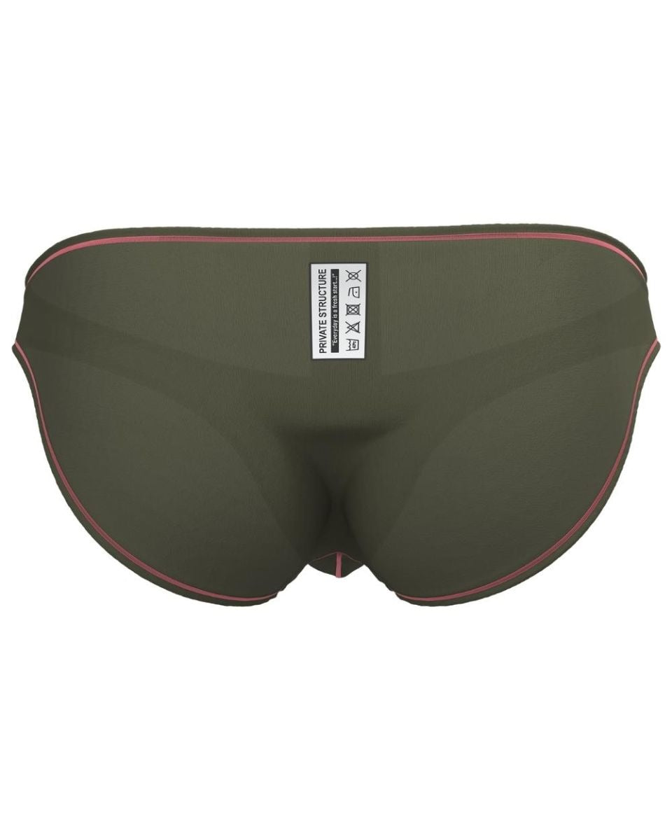 Olive green Private Structure Prime Eutopia bikini brief by CITYBOYZ★USA, featuring a sleek, fitted design with minimal coverage.
