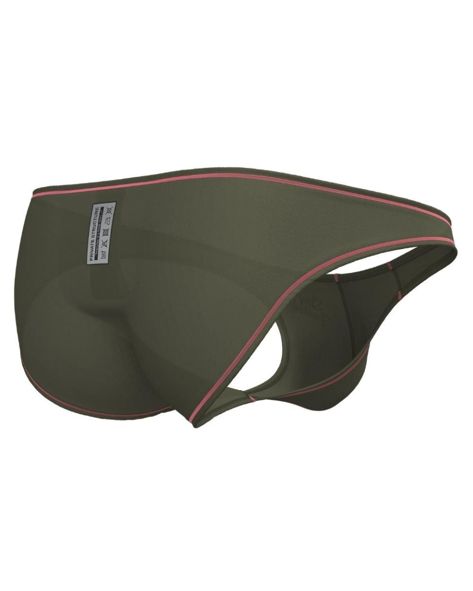 Olive green Private Structure Prime Eutopia Bikini Brief by CITYBOYZ★USA displayed on a model, showcasing a stylish and comfortable fit.