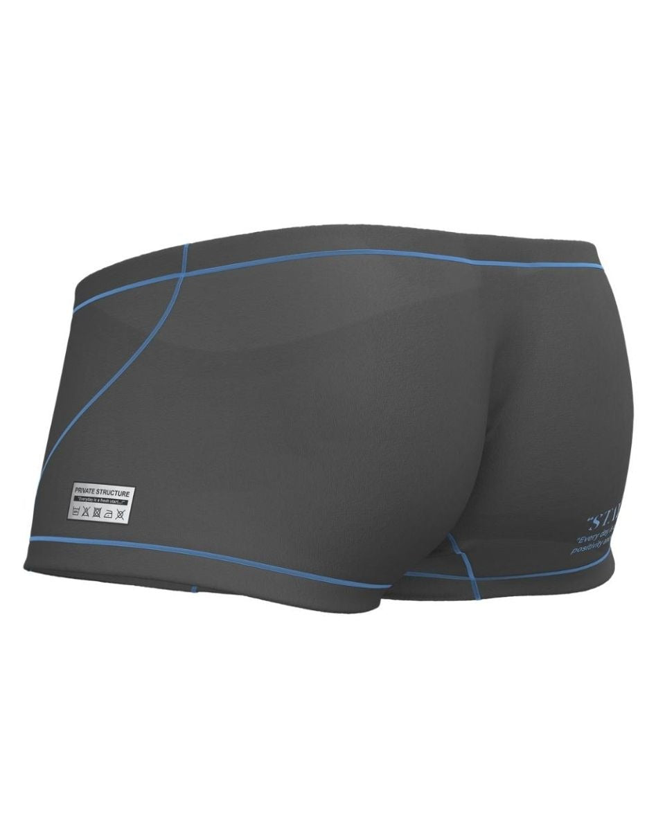 Gray CITYBOYZ★USA Private Structure Prime Elysian Hipster trunk underwear laid flat, showcasing comfortable fit and soft fabric.