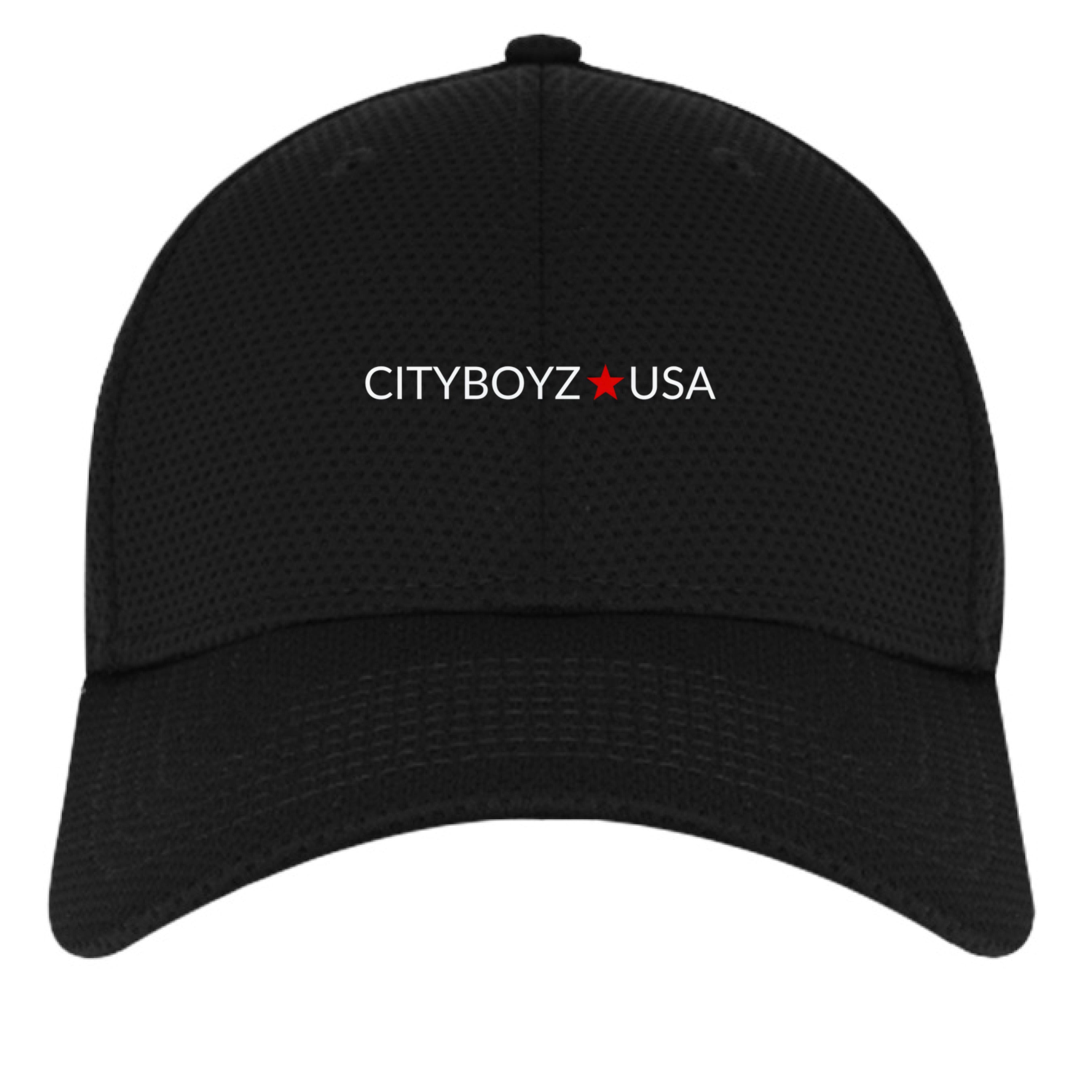 CITYBOYZ★USA baseball cap with curved brim and adjustable strap, featuring bold USA logo embroidery on navy fabric.