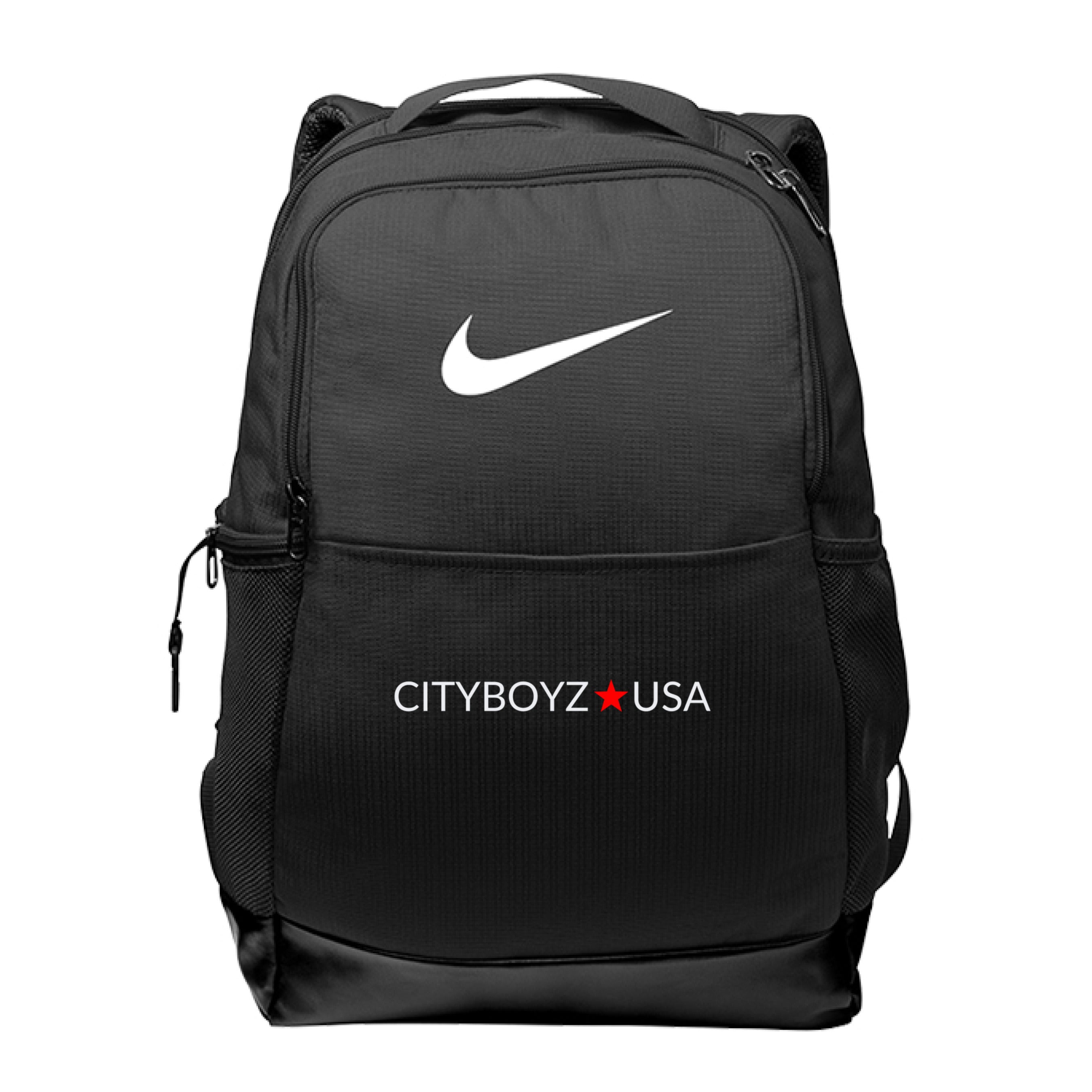 CITYBOYZ★USA Nike Brasilia medium backpack with adjustable straps, front zip pocket, and Nike logo on durable nylon material