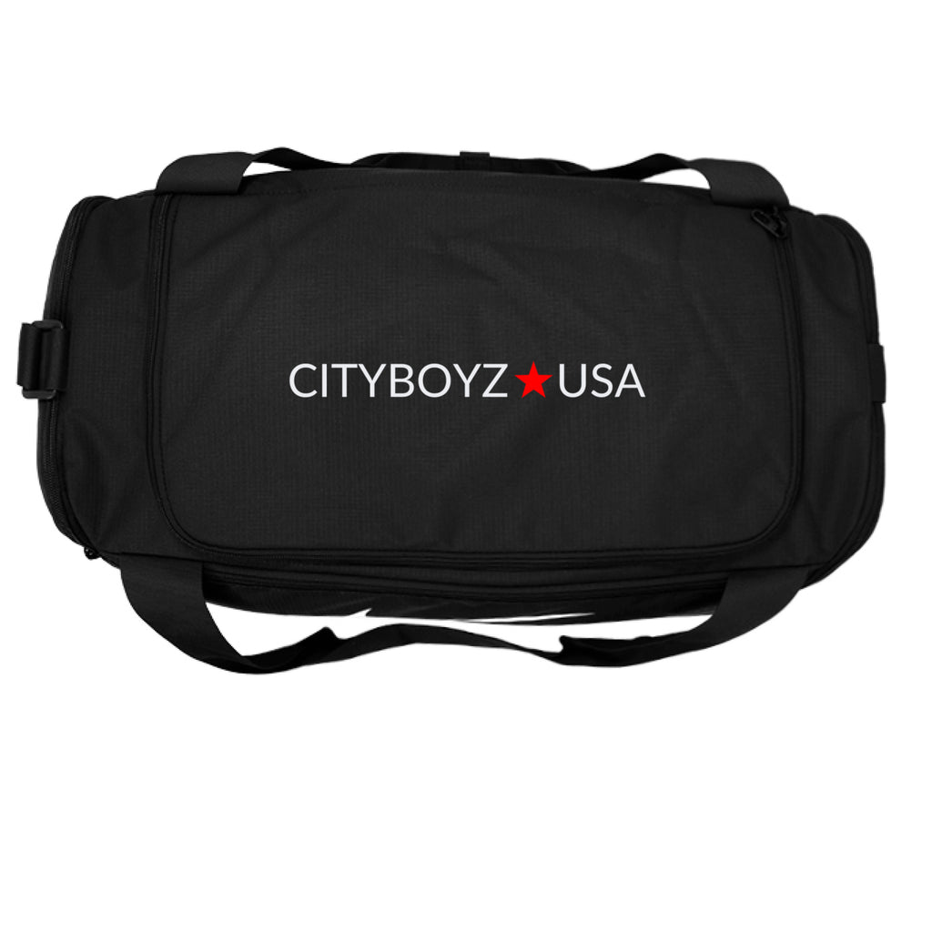 Nike Brasilia Large Duffel Bag by CITYBOYZ★USA, showing a spacious black and grey gym duffel with sturdy handles and side compartments.