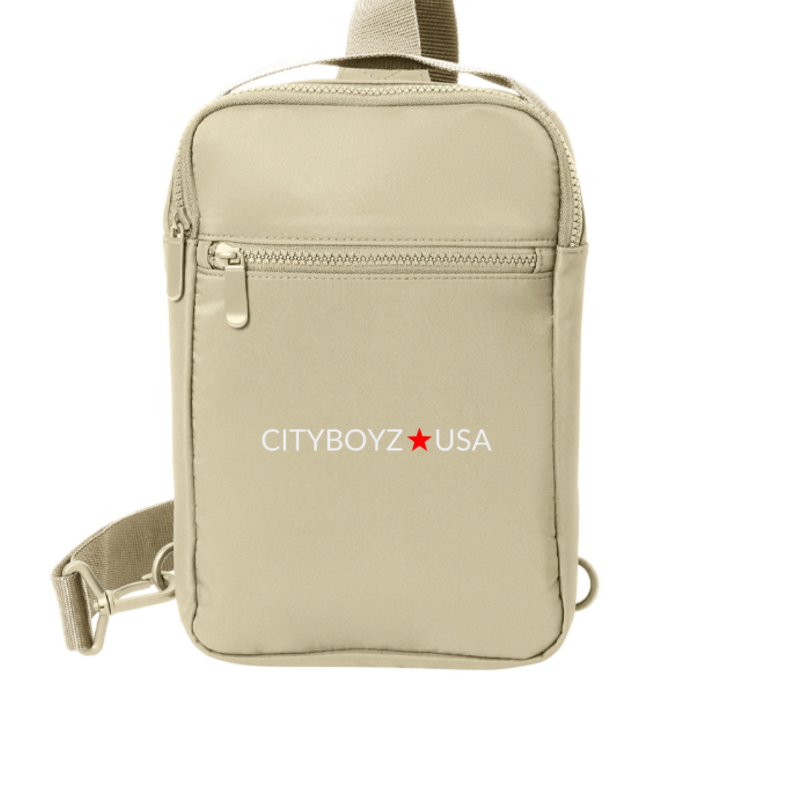 CITYBOYZ USA Port Authority® matte sling backpack with adjustable strap and multiple compartments, shown in black fabric.