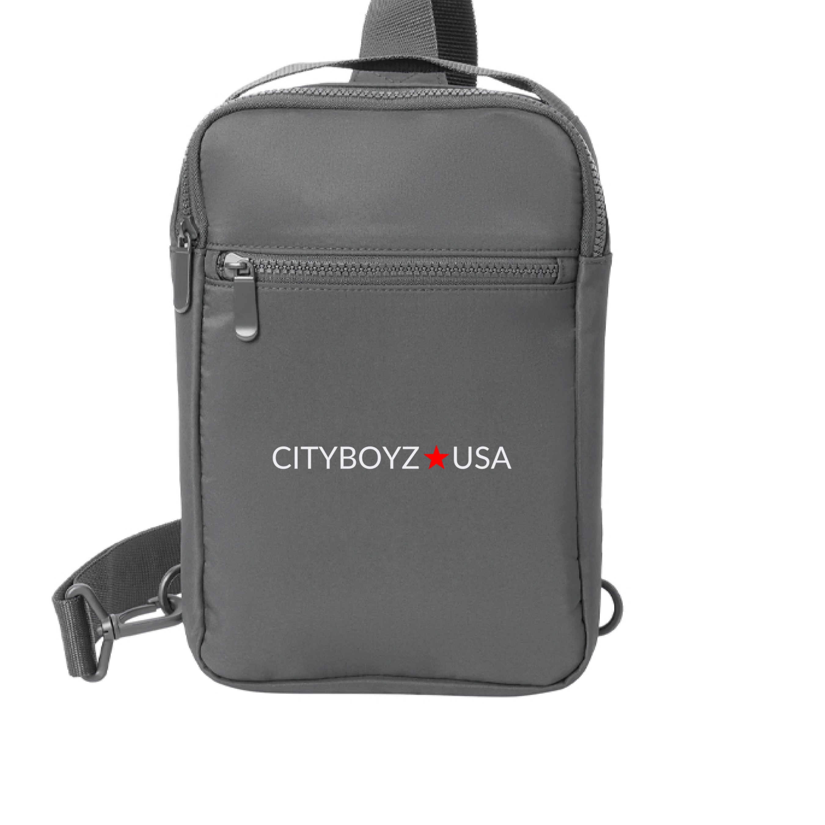 CityBOYZ USA Port Authority® matte sling backpack with adjustable straps, front zipper pocket, and stylish design.