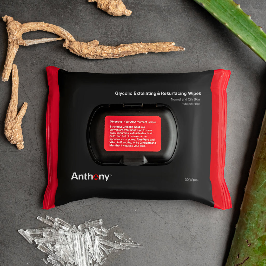 CITYBOYZ★USA Anthony Glycolic Exfoliating & Resurfacing Wipes for grooming, showing the pack of exfoliating facial wipes.