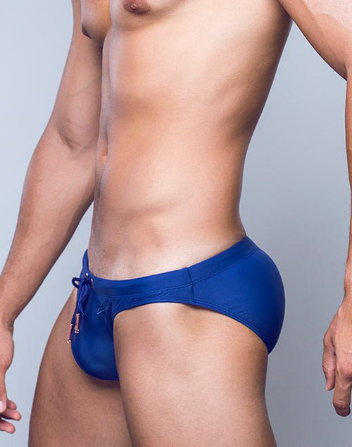 CityBoyz USA 2Eros Core Swim Brief V20, close-up of blue and black men's swim brief with logo waistband.