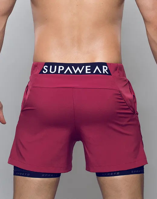 Red Supawear SPR Max athletic shorts by CITYBOYZ★USA, featuring a sleek design and sporty fit on a mannequin.