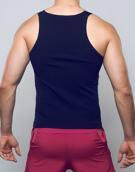 Black Supawear SPR Max Tank Top by CITYBOYZ★USA, displayed on a hanger with a close-up view of the tank top fabric.