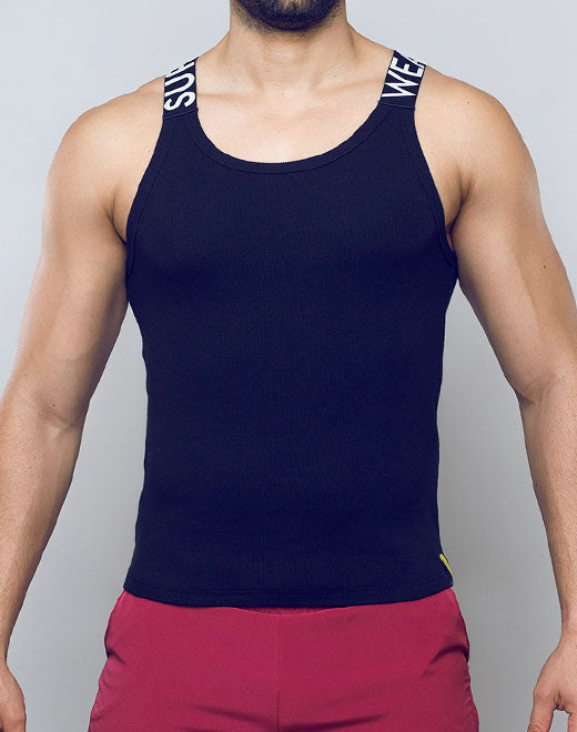 Black Supawear SPR Max Tank Top by CITYBOYZ★USA displayed on a hanger, showcasing its fitted sleeveless design and smooth fabric.