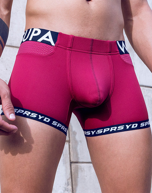 Red Supawear SPR Max Trunk boxer briefs by CITYBOYZ★USA, showing the fitted waistband and sleek design on a model.