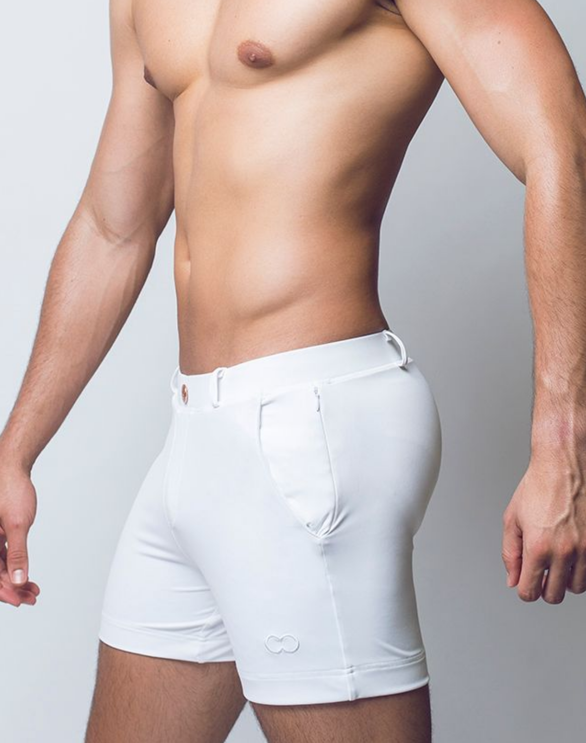 White 2Eros Bondi Shorts for men by CITYBOYZ★USA, featuring a stylish fit and casual design, displayed on a plain background.