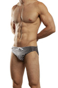 CityBOYZ★USA Jack Adams Dot Matrix 1-inch swim racer brief in black, featuring a bold dot matrix pattern and sleek fit.