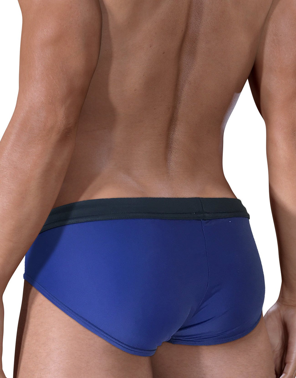 WildmanT Moby Big Boy Pouch Swimwear in blue and black, rear view showing comfortable fit and stylish design.