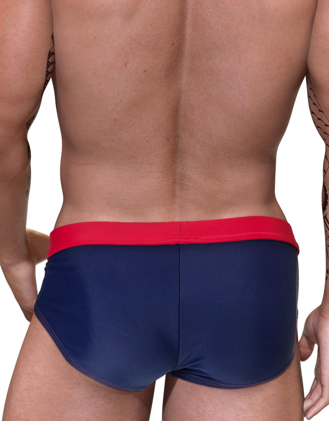 WildmanT Moby Big Boy pouch swimwear in blue and red, showing the back view with adjustable waistband and comfortable fit.