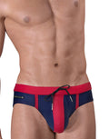 WildmanT Moby Big Boy Pouch Swimwear in blue and red, front view showing comfortable design and vibrant colors.