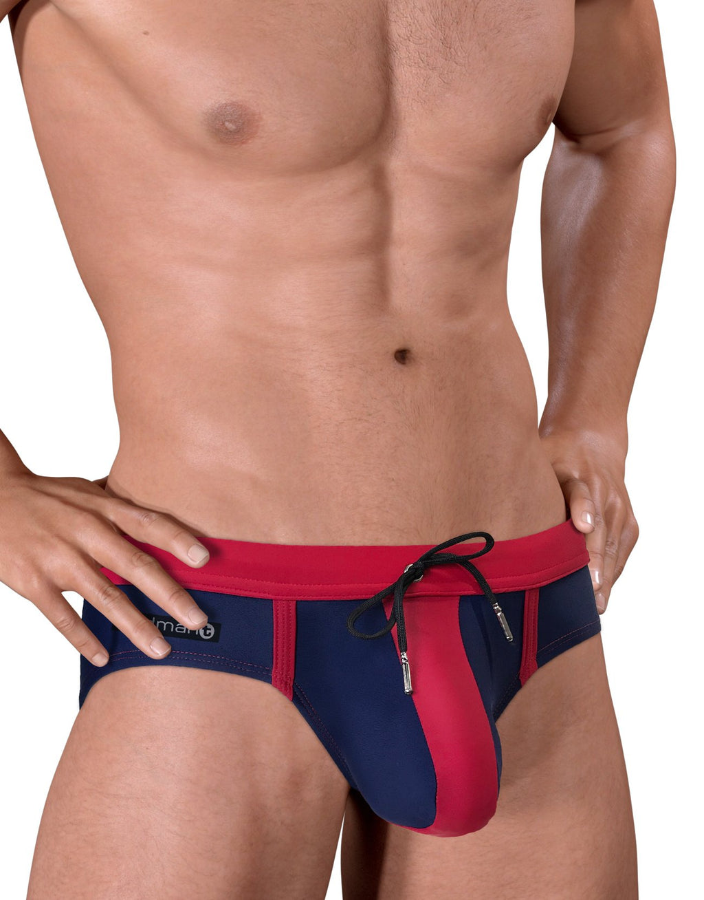WildmanT Moby Big Boy pouch swimwear in blue and red, displayed from the side showing the swim trunks' vibrant colors and fit.