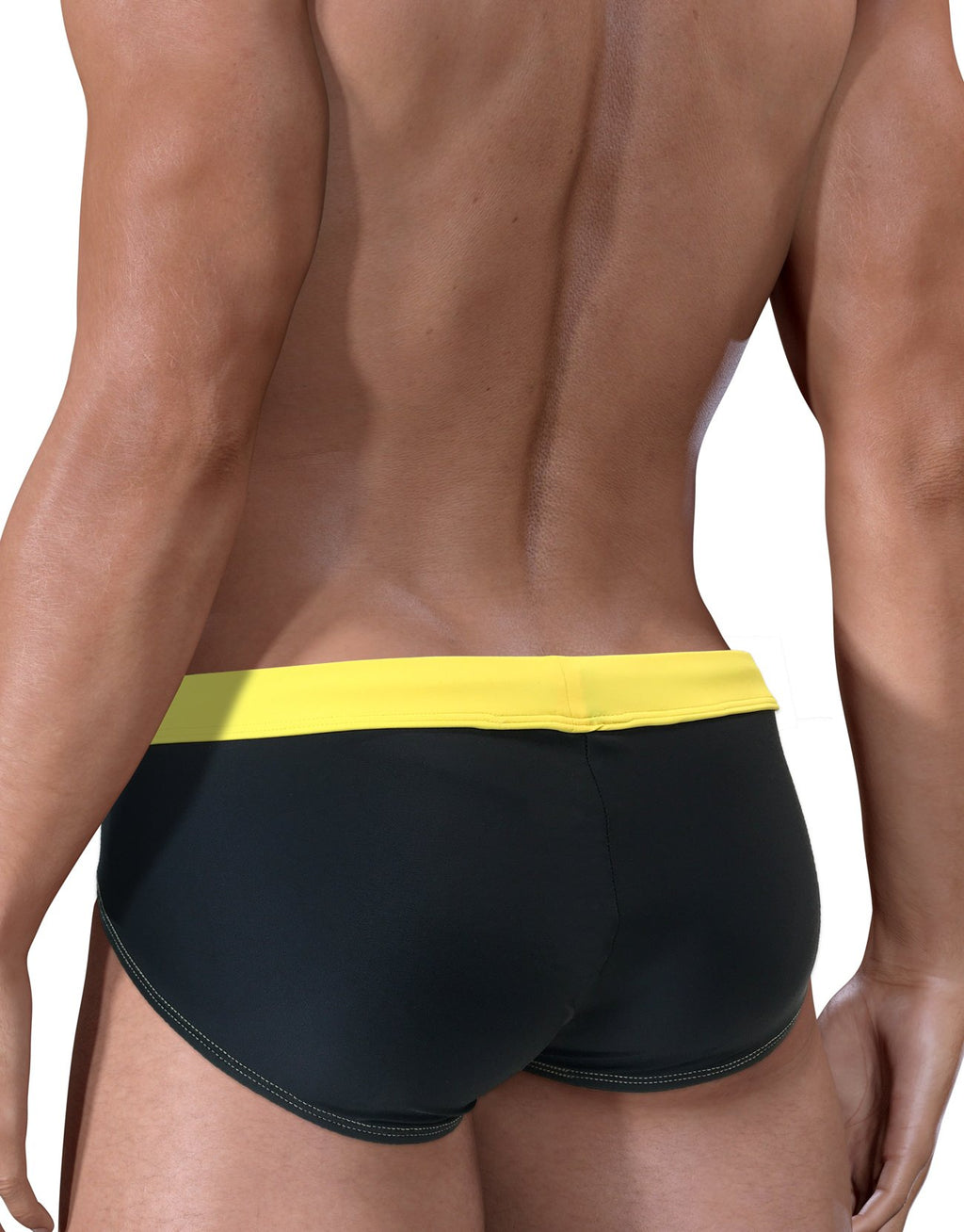 WildmanT Moby Big Boy pouch swimwear in black and yellow, shown from the back, designed for comfortable swimming and beachwear.