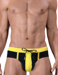 WildmanT Wildmant Moby Big Boy Pouch Swimwear, black and yellow front view, comfortable swim trunks for boys