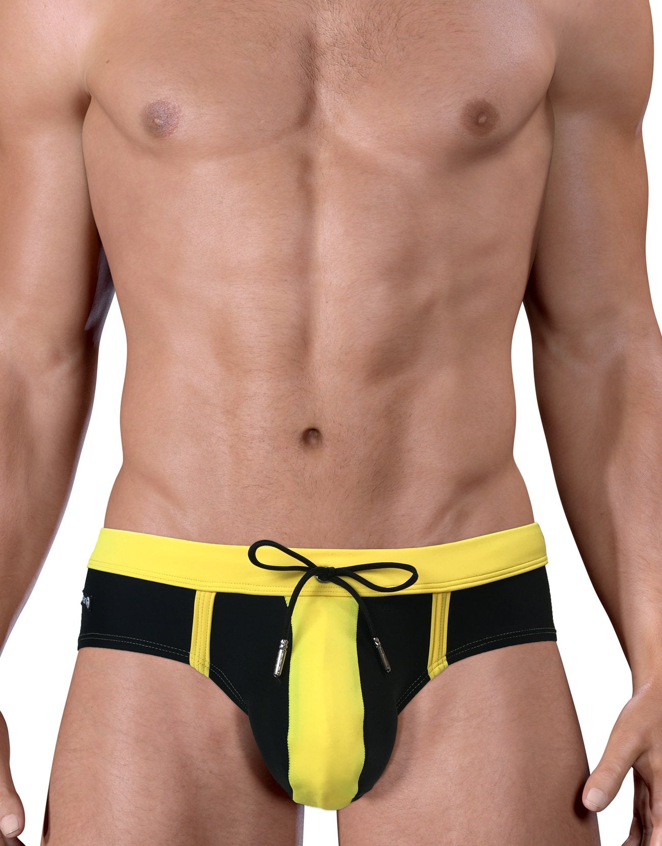 WildmanT Wildmant Moby Big Boy Pouch Swimwear, black and yellow front view, comfortable swim trunks for boys