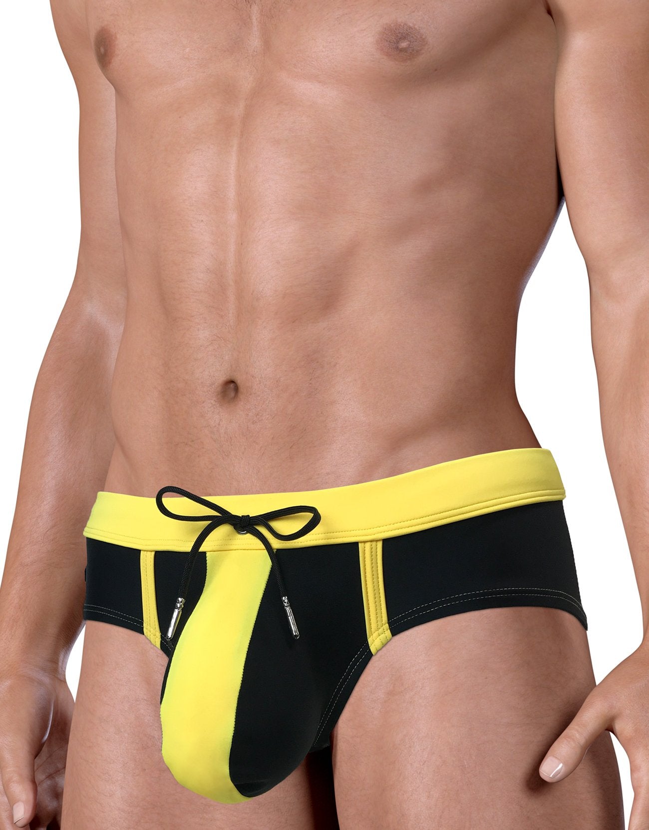 WildmanT Wildmant Moby Big Boy Pouch Swimwear in black and yellow, front view showing comfortable pouch design and vibrant colors.