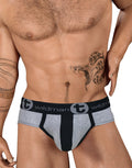 Close-up of WildmanT stretch cotton big boy pouch brief in gray and black, showing front view of the men's underwear.