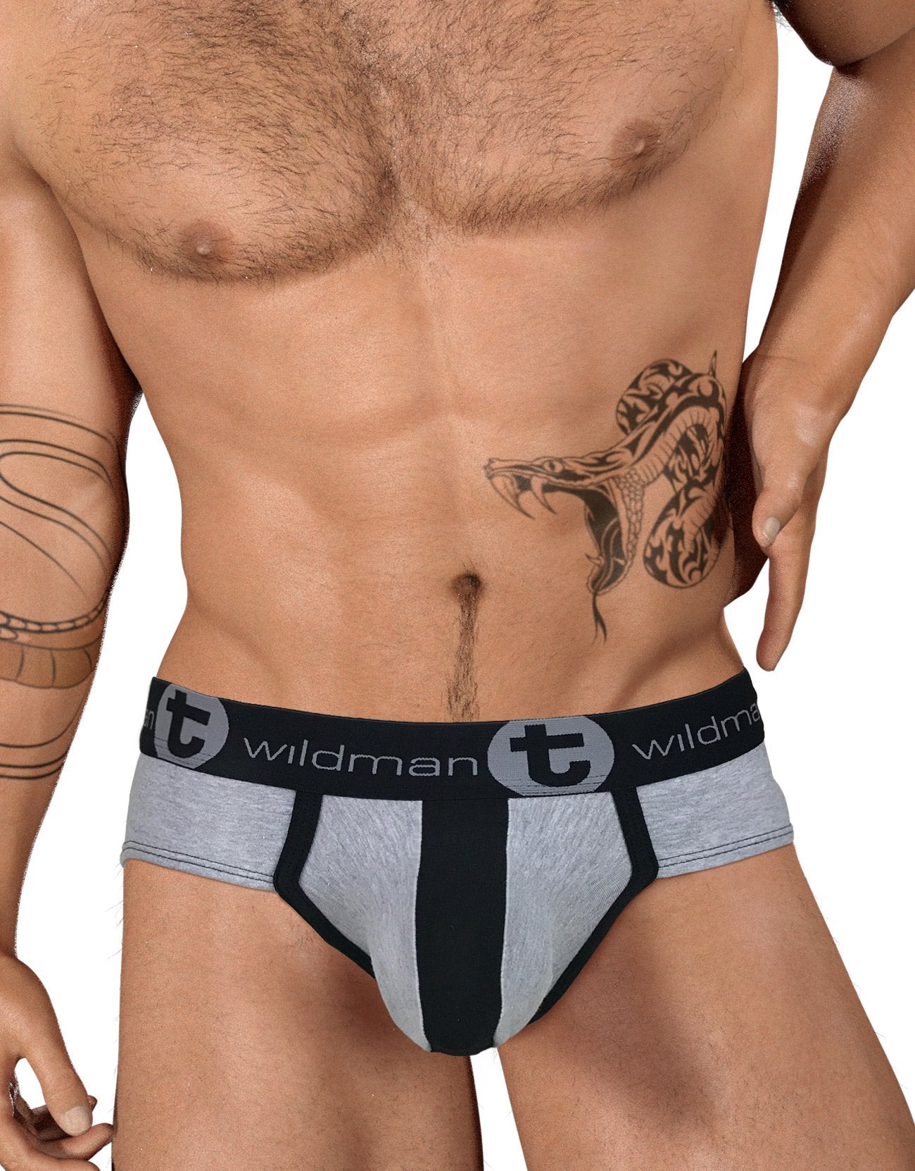 Close-up of WildmanT stretch cotton big boy pouch brief in gray and black, showing front view of the men's underwear.