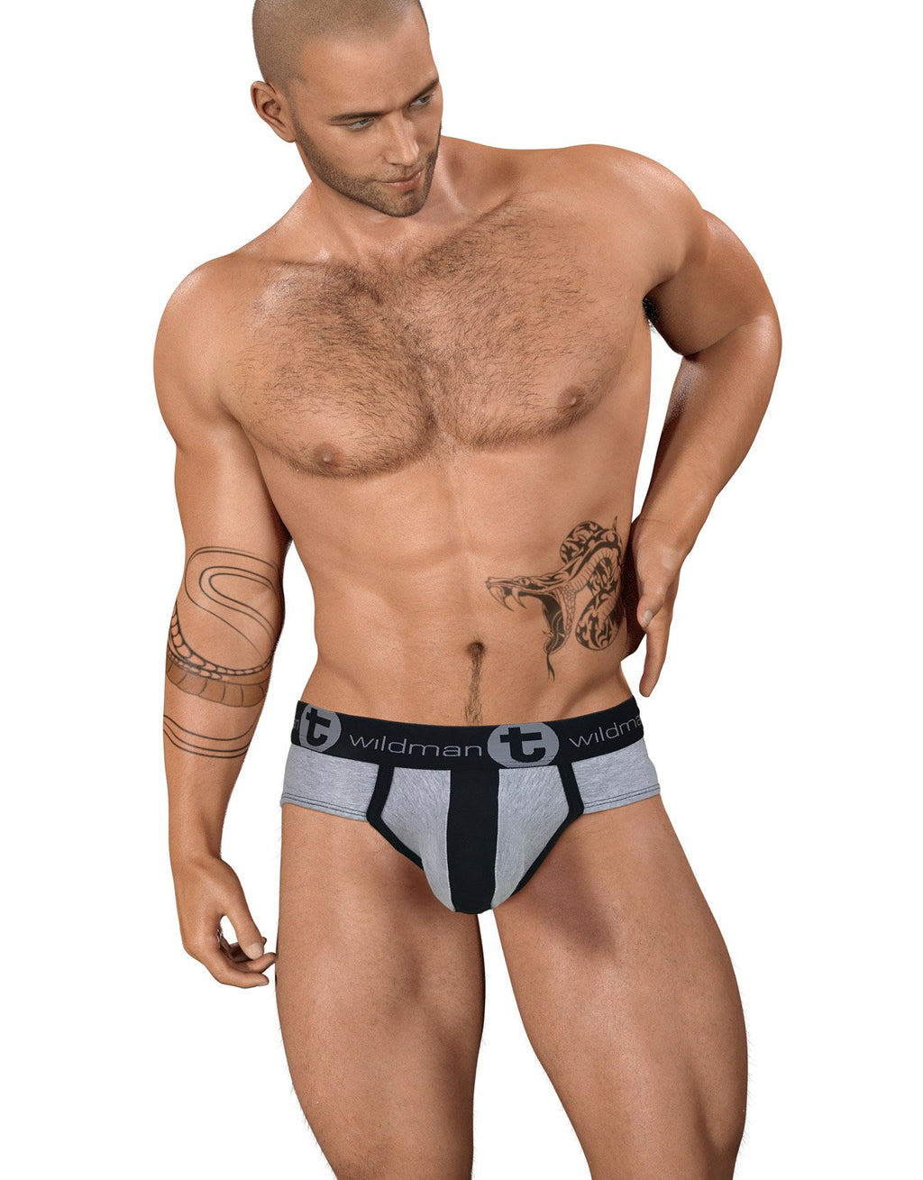 WildmanT stretch cotton big boy pouch briefs in gray and black, front view showing comfortable fit and supportive design.