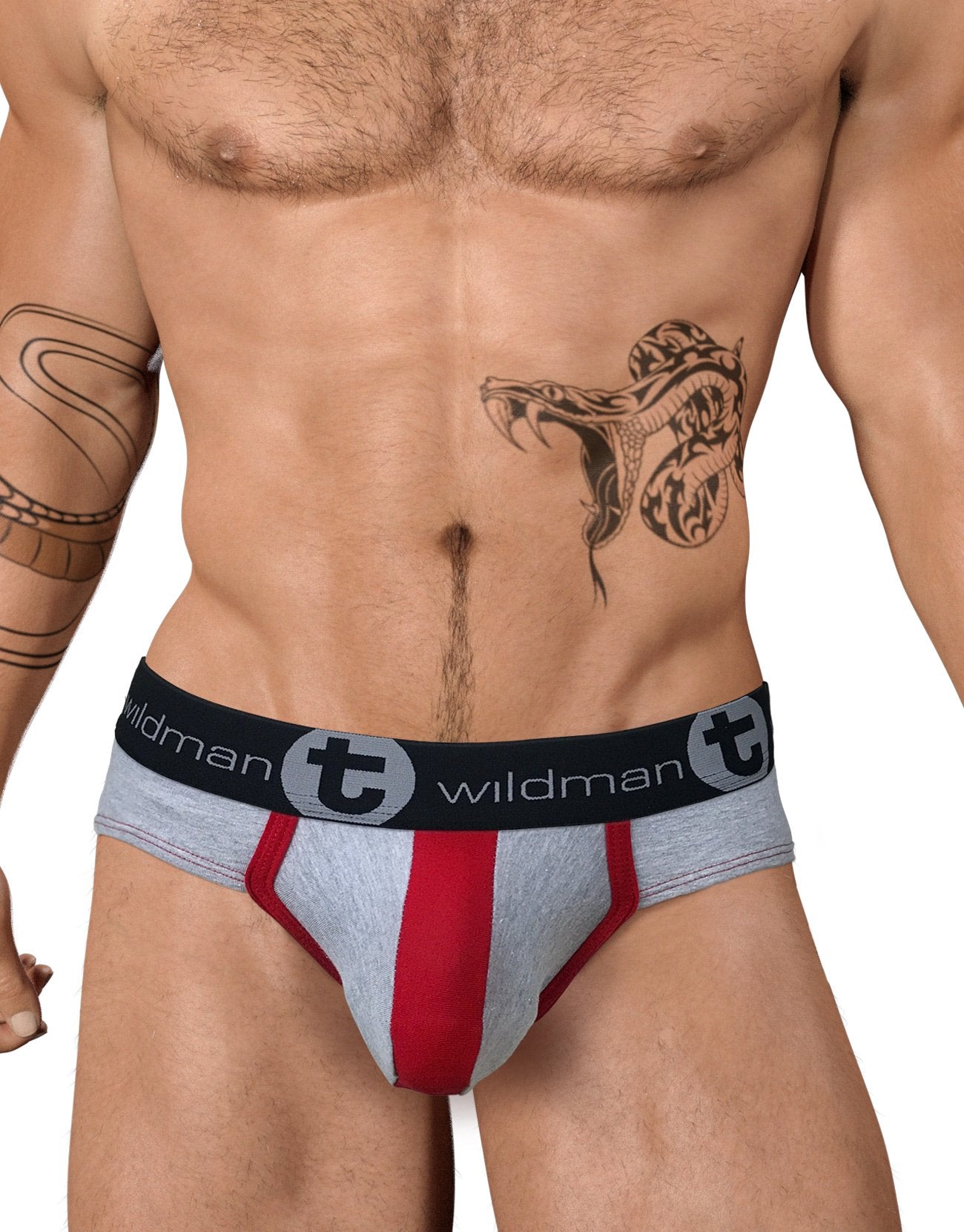 Close-up of WildmanT men's stretch cotton big boy pouch brief in gray and red, showing front design and fabric texture.
