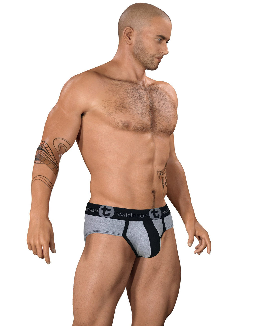 WildmanT stretch cotton big boy pouch brief in gray and black, side view showing comfortable fit and soft fabric.