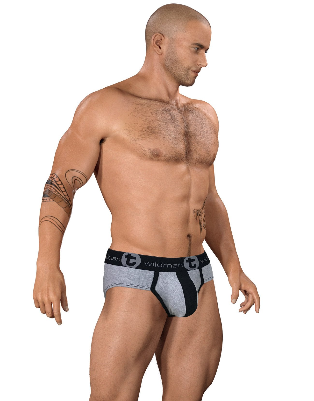 WildmanT stretch cotton big boy pouch brief in gray and black, side view showing comfortable fit and soft fabric.