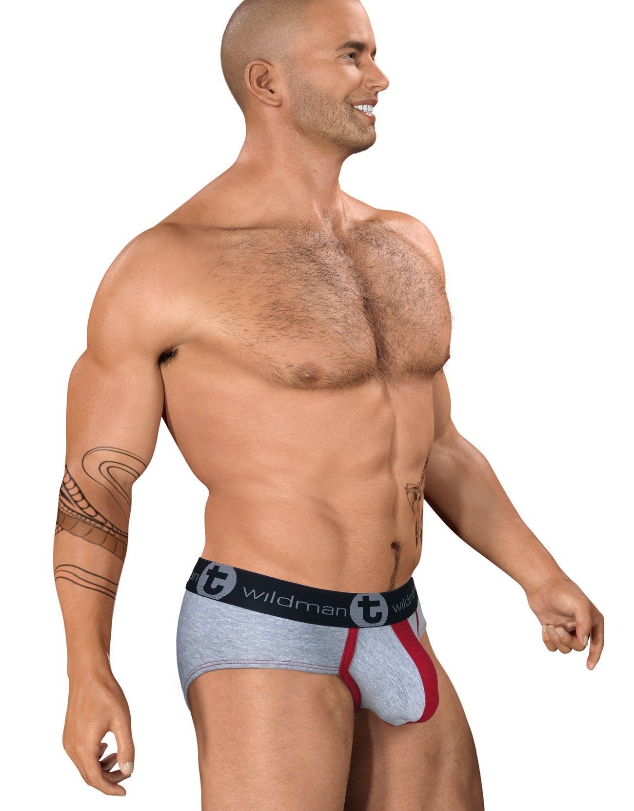 WildmanT stretch cotton big boy pouch briefs in gray and red, showing side view with comfortable fit and colorful design.
