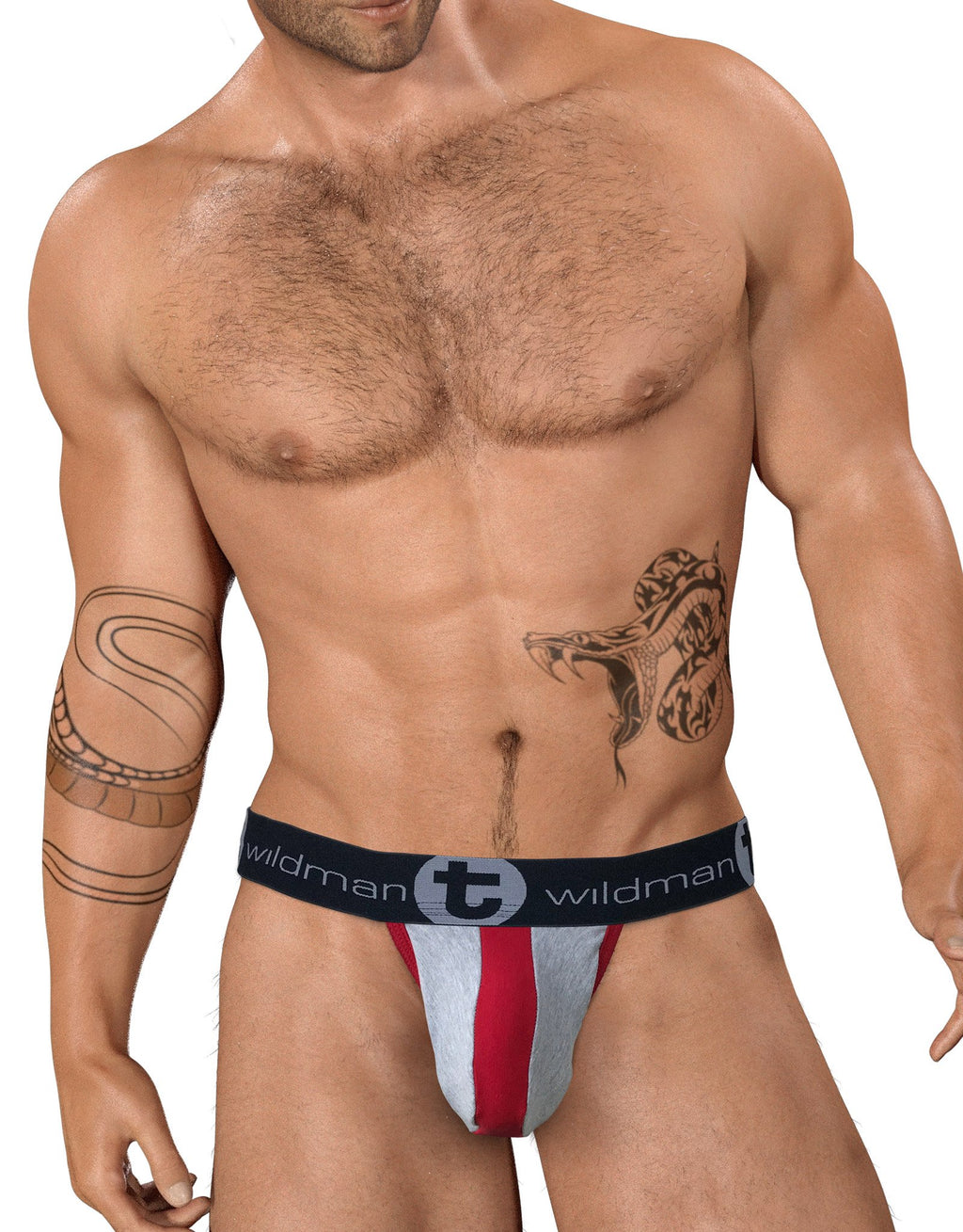 Close-up of WildmanT stretch cotton strapless jockstrap with gray and red fabric, featuring a big boy pouch and supportive design.