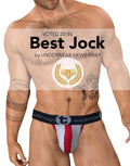 WildmanT gray and red stretch cotton strapless jockstrap with a big boy pouch, shown from the front.