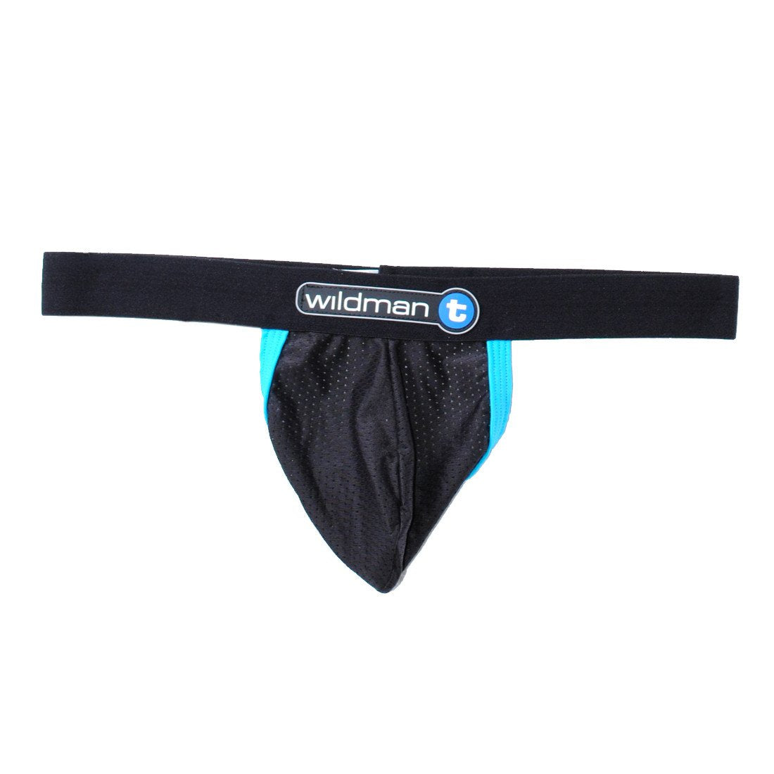 WildmanT Raw strapless mesh jockstrap with blue contrast trim, flat-front design, and supportive fit.