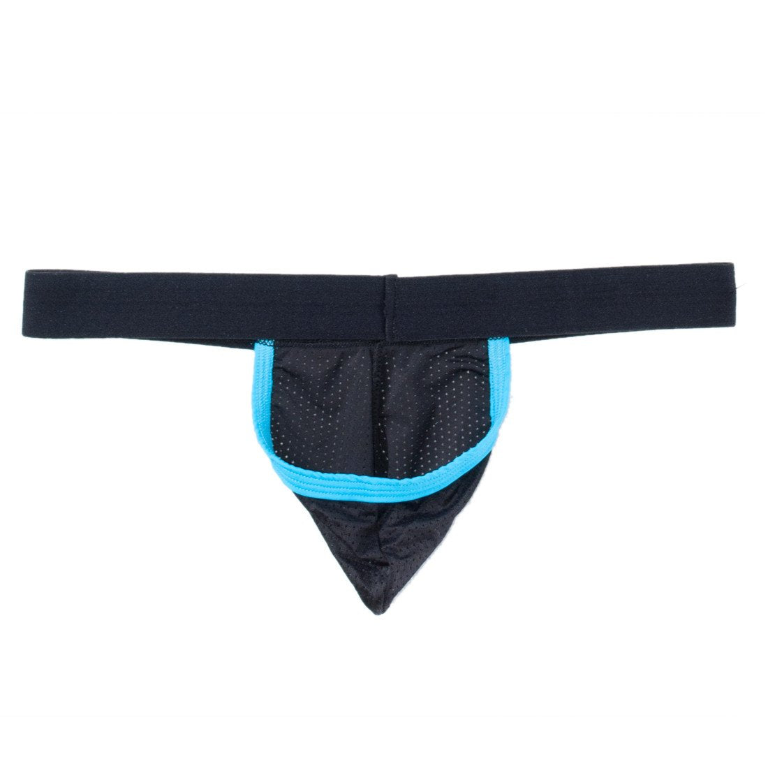 WildmanT Raw strapless mesh jockstrap with blue contrast trim, featuring a flat-back design and supportive fit.