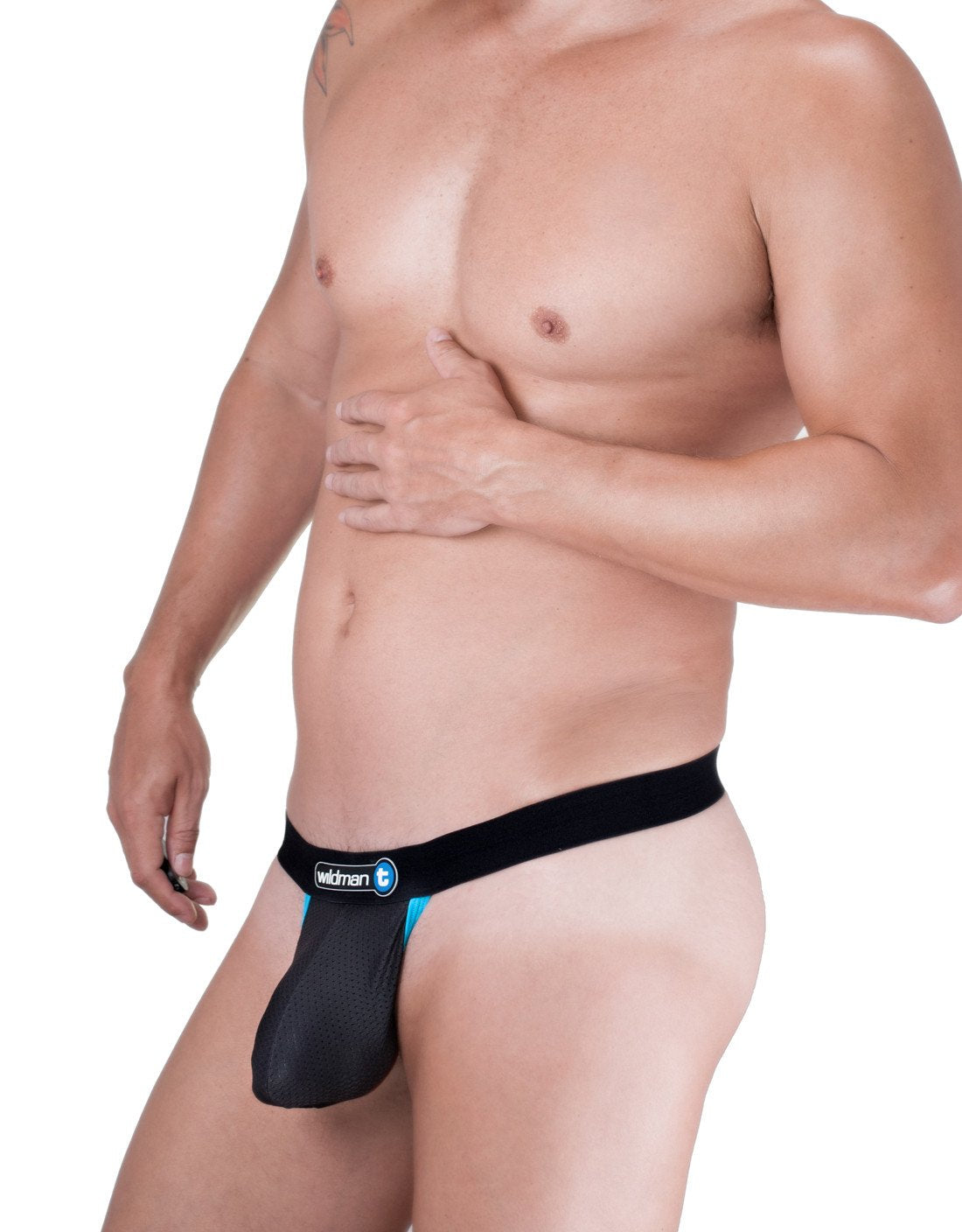 WildmanT Raw strapless mesh jockstrap with blue contrast trim, featuring a snug fit and breathable design, shown from side view.