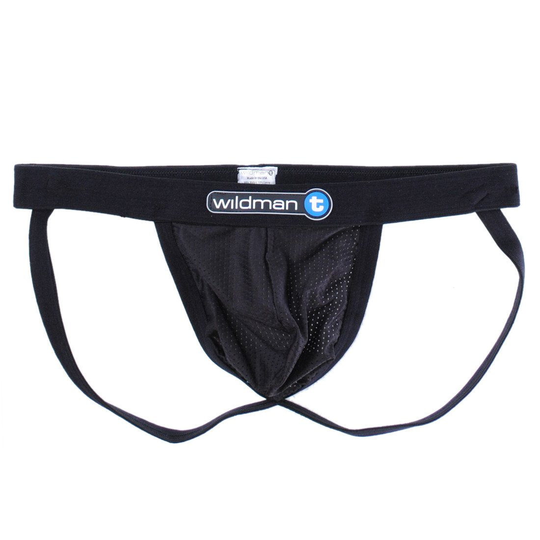 Black WildmanT Raw Mesh Jockstrap with Duraband waistband, flat-front design, showcasing breathable mesh fabric and secure fit.