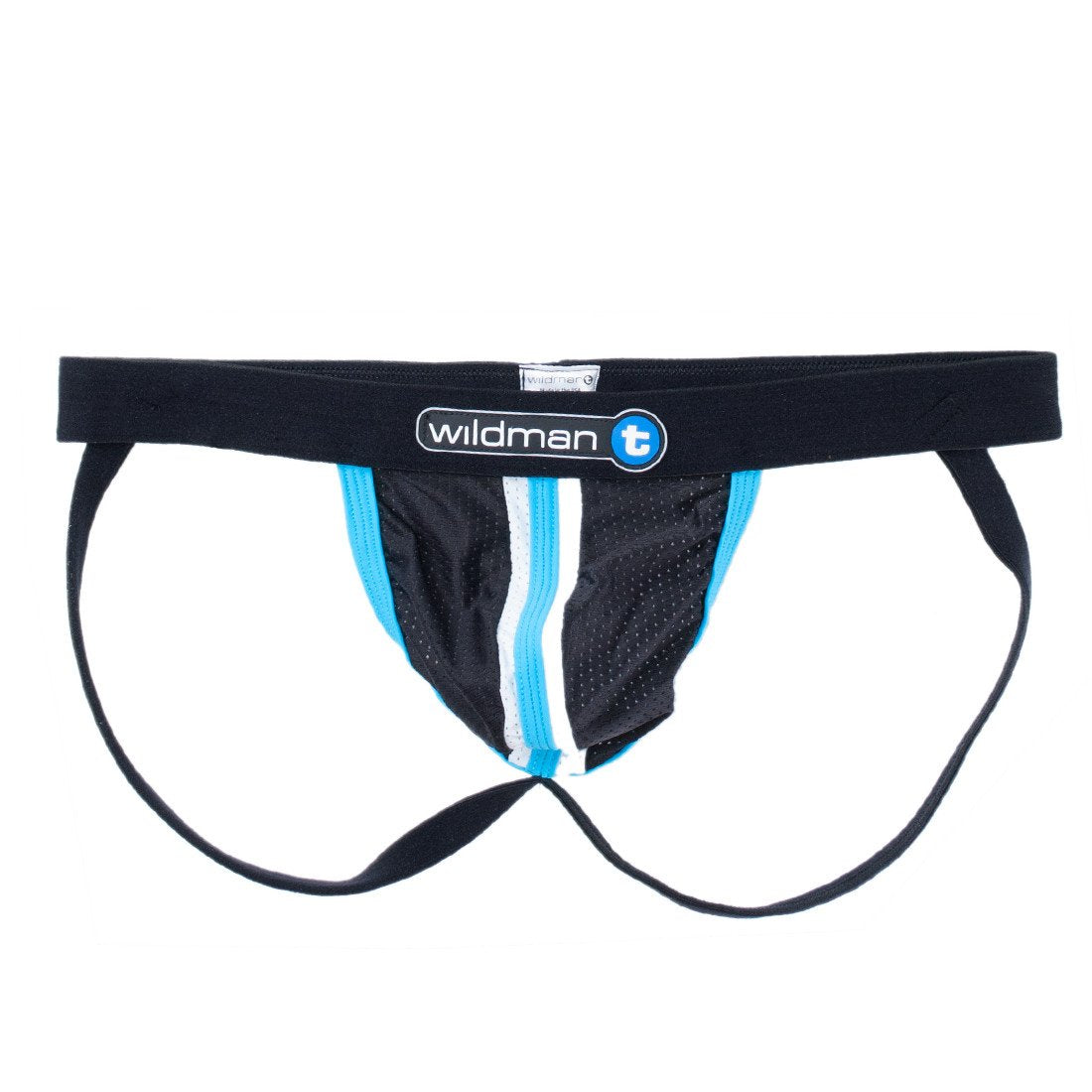 WildmanT Raw Sport Stripe Jockstrap featuring a blue Duraband waistband and flat-front design, showcasing athletic and supportive wear.