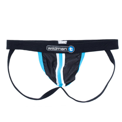 WildmanT Raw Sport Stripe Jockstrap featuring a blue Duraband waistband and flat-front design, showcasing athletic and supportive wear.