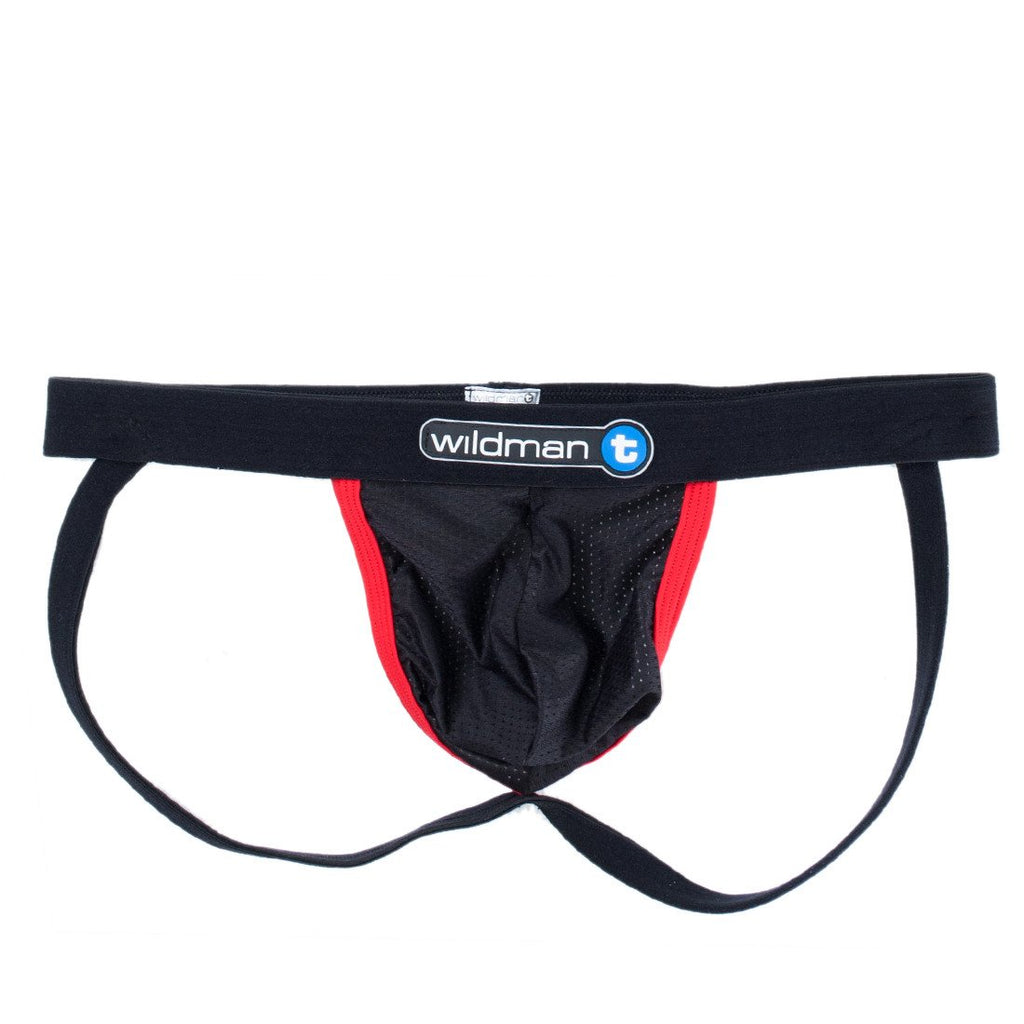 WildmanT Raw Mesh Jockstrap with contrast red design, featuring flat front and supportive fit, showcasing the athletic underwear style.