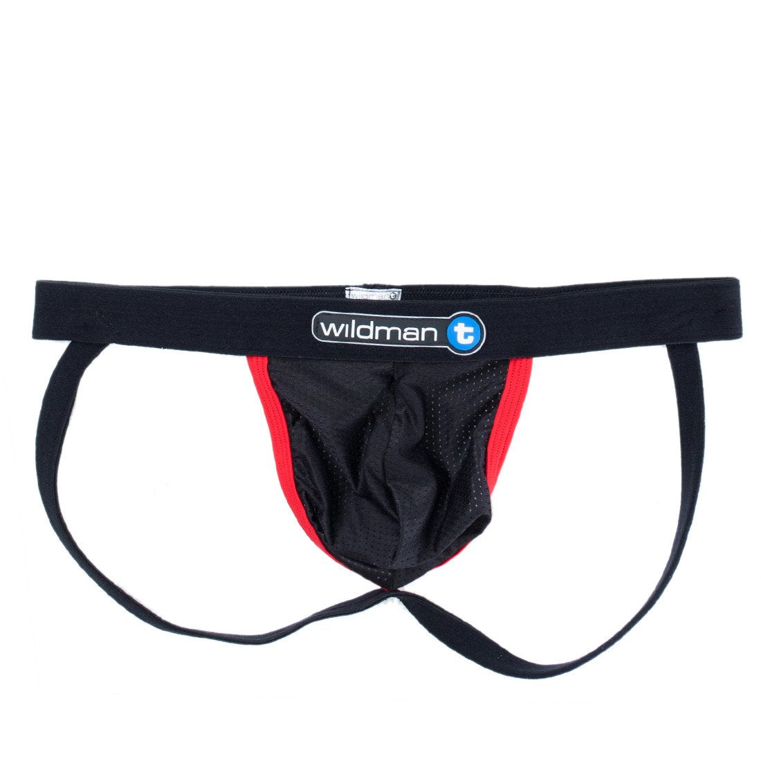 WildmanT Raw Mesh Jockstrap with contrast red design, featuring flat front and supportive fit, showcasing the athletic underwear style.