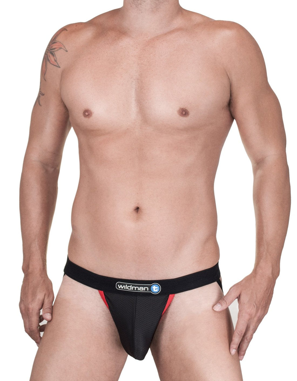 WildmanT Raw Mesh Jockstrap with contrast red accents, front view showing breathable mesh fabric and supportive design.