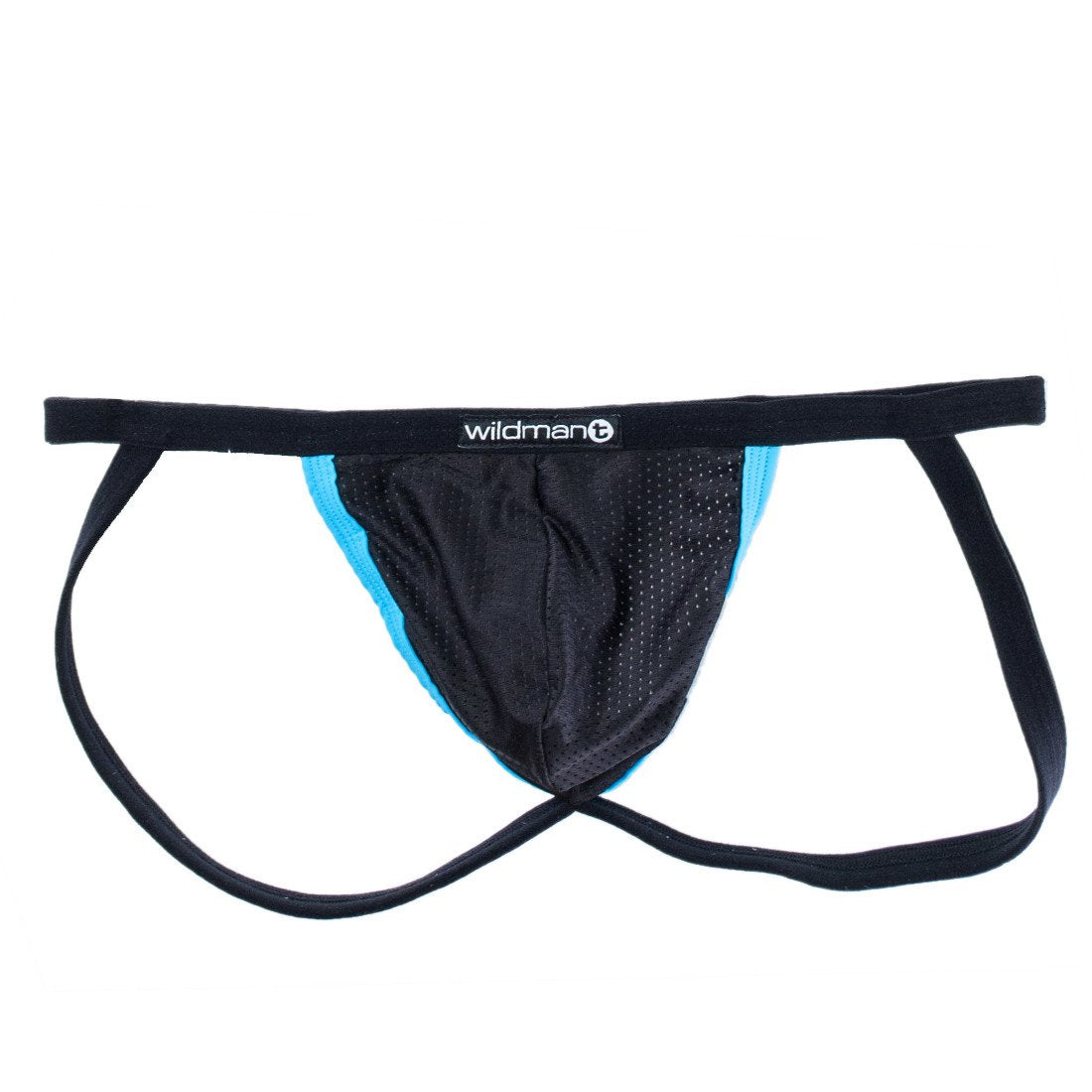 WildmanT Raw Mesh Micro Jockstrap in blue with contrast detailing, featuring a flat front design and supportive fit.