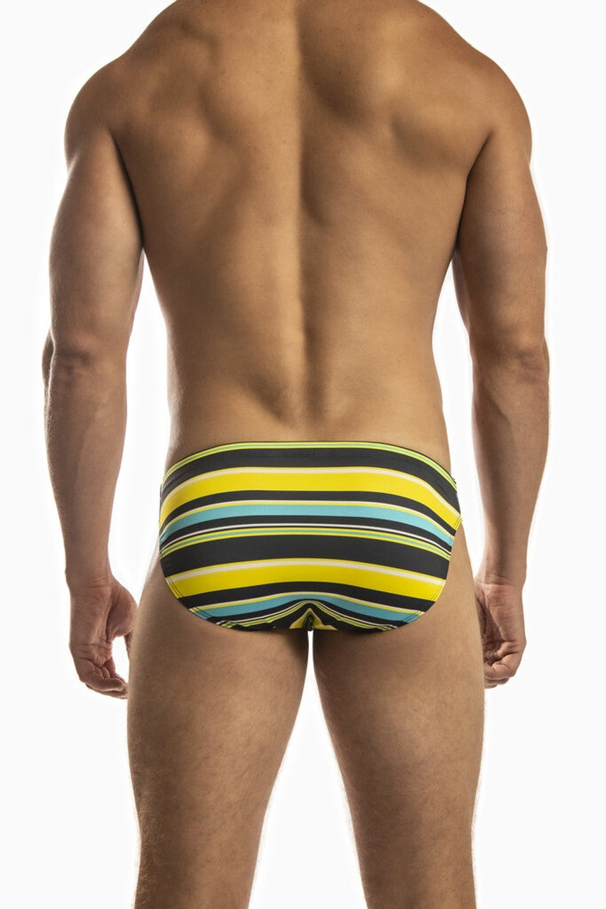 Yellow and black Jack Adams multi stripe low rise swim brief by CITYBOYZ★USA, featuring bold horizontal stripes and a low-rise fit.