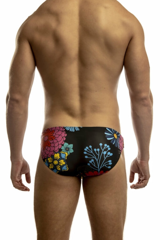 Jack Adams Second Skin Swimsuit by CITYBOYZ USA, Japanese floral design, medium size, close-up of the swimsuit fabric and pattern.
