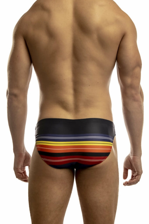 Navy and white striped Jack Adams Second Skin swimsuit by CITYBOYZ USA displayed on a model.